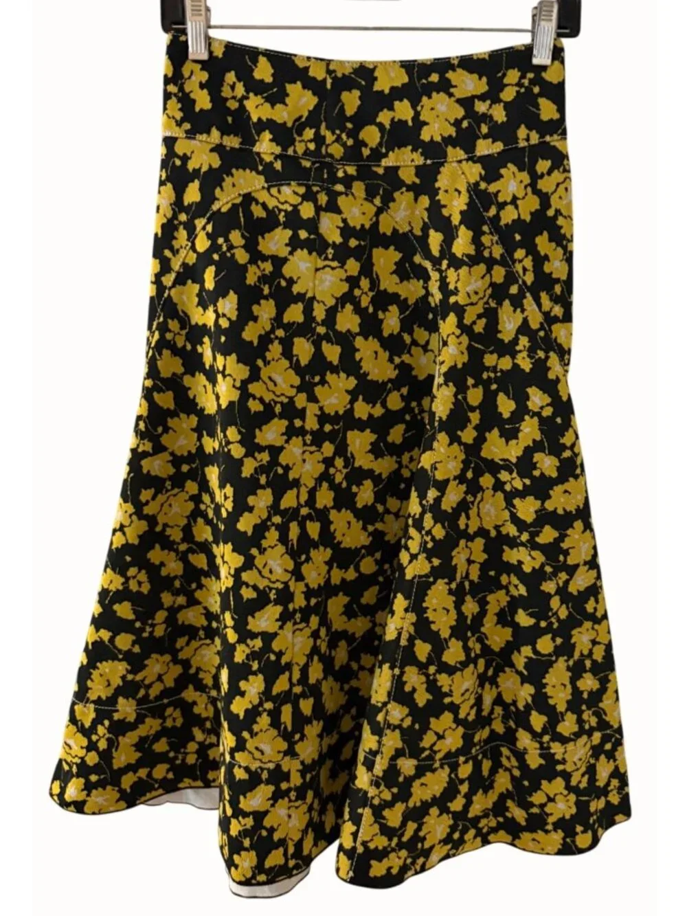 Derek Lam Women Size 0 Black Yellow Floral A-Line Midi Skirt Luxury Designer EUC